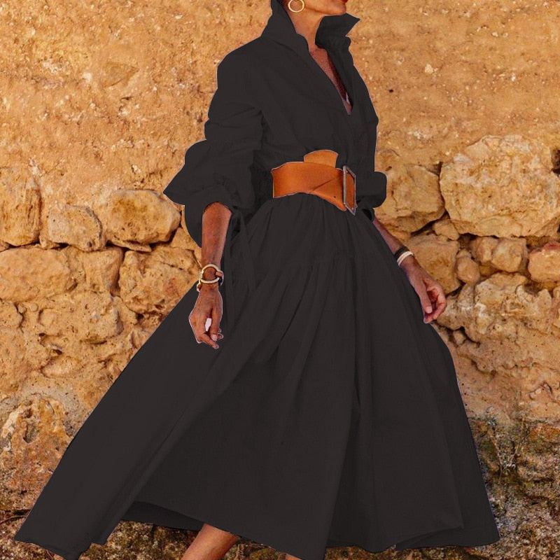 vmtvr - Chic Solid Color Lapel Shirt Dress Women Spring Button-up Long Pullover Dress New Autumn Long Sleeve Hem Pleated Maxi Dress