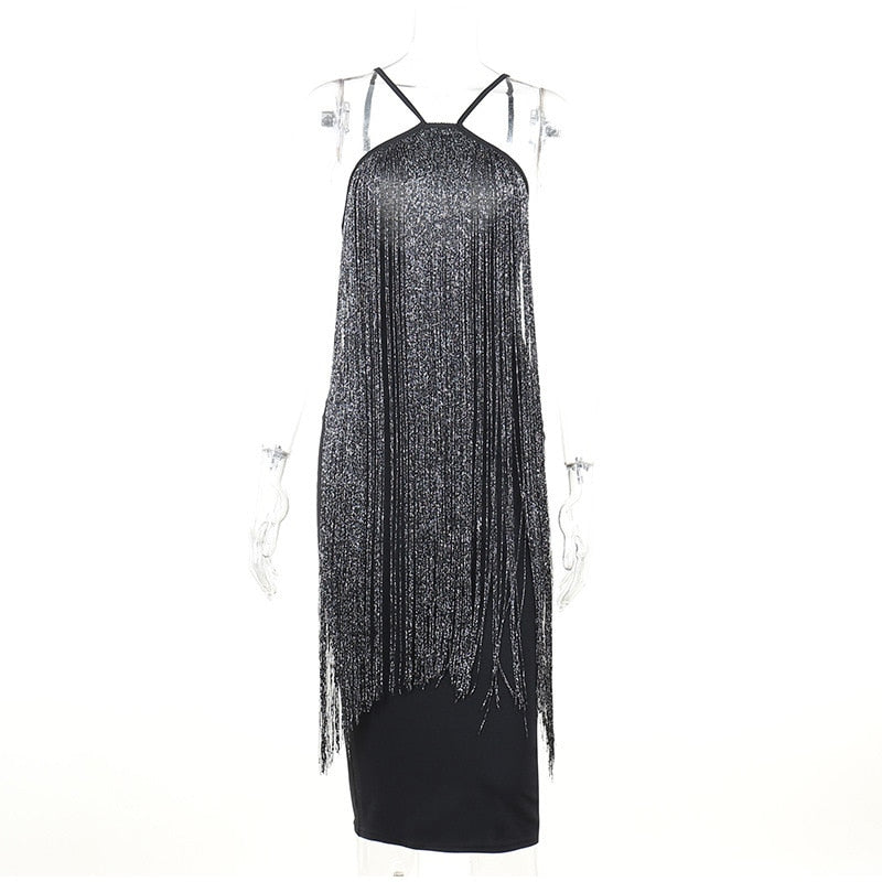 Sexy Sequins Tassel Halter Dress Women Fashion Sleeveless Backless Slim Dresses Lady Elegant Clubwear Party Evening Dress