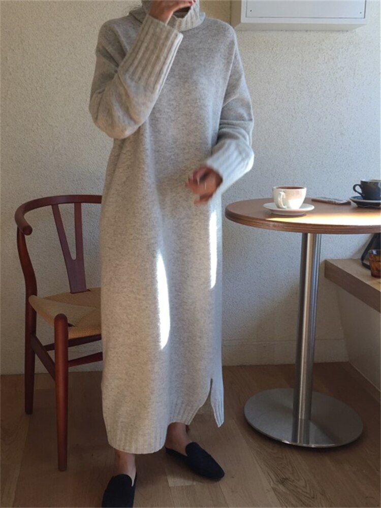 Thick Winter Women'S Dress Fall Sweater Women Dress Long Sleeve Knitted Dresses Maxi Vintage Oversize Dresses Knitting