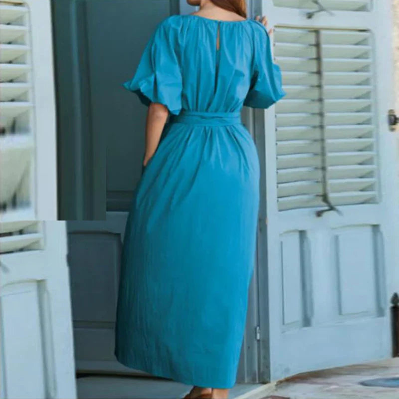 vmtvr Elegant O-neck Lace-up Waist Long Dress Women Fashion 3/4 Bubble Sleeve Loose Party Dress Spring Summer Casual Solid Maxi Dress