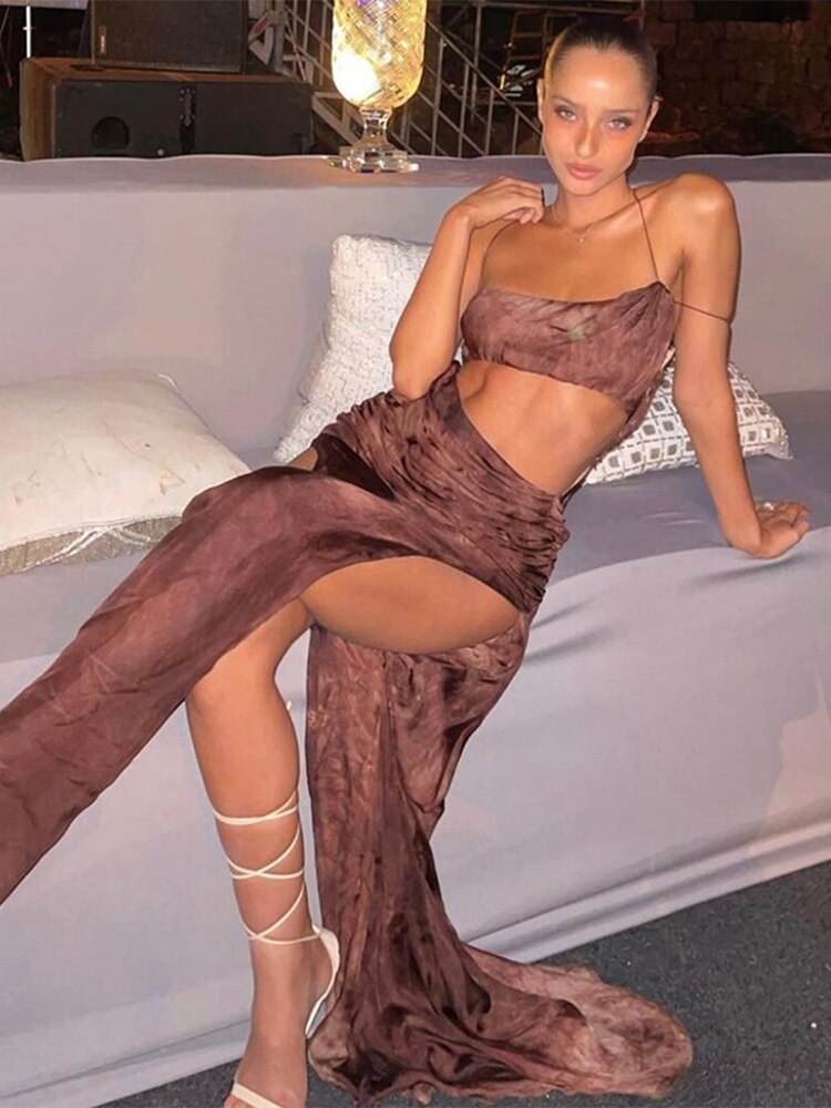 vmtvr - Jacuqeline Spaghetti Strap Fashion Print Elegant Dress Outfit For Women Party Club Vestido Ruched Split Maxi Dresses Summer