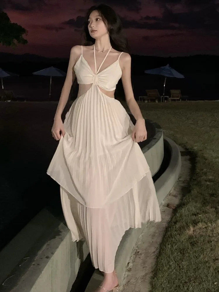 vmtvr Summer New Fashion Women Sexy Pleated Boho Long Dress Vacation Beach Strap A line Ladies Robe Sundress