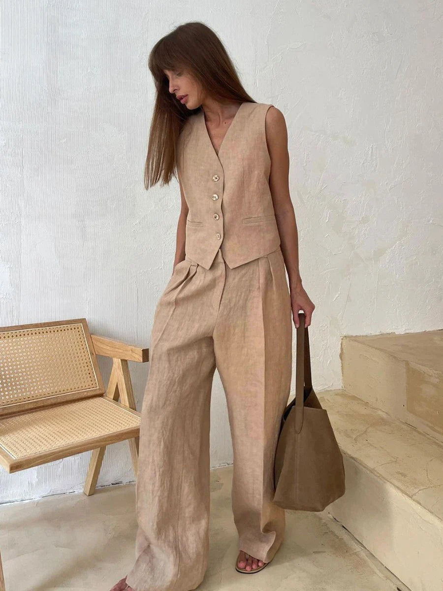 vmtvr Womem Linen Cotton Chic Vest & Pants Suit Two-Piece Set Office Ladies Summer Chic 2 Piece Sets Womens Outfits