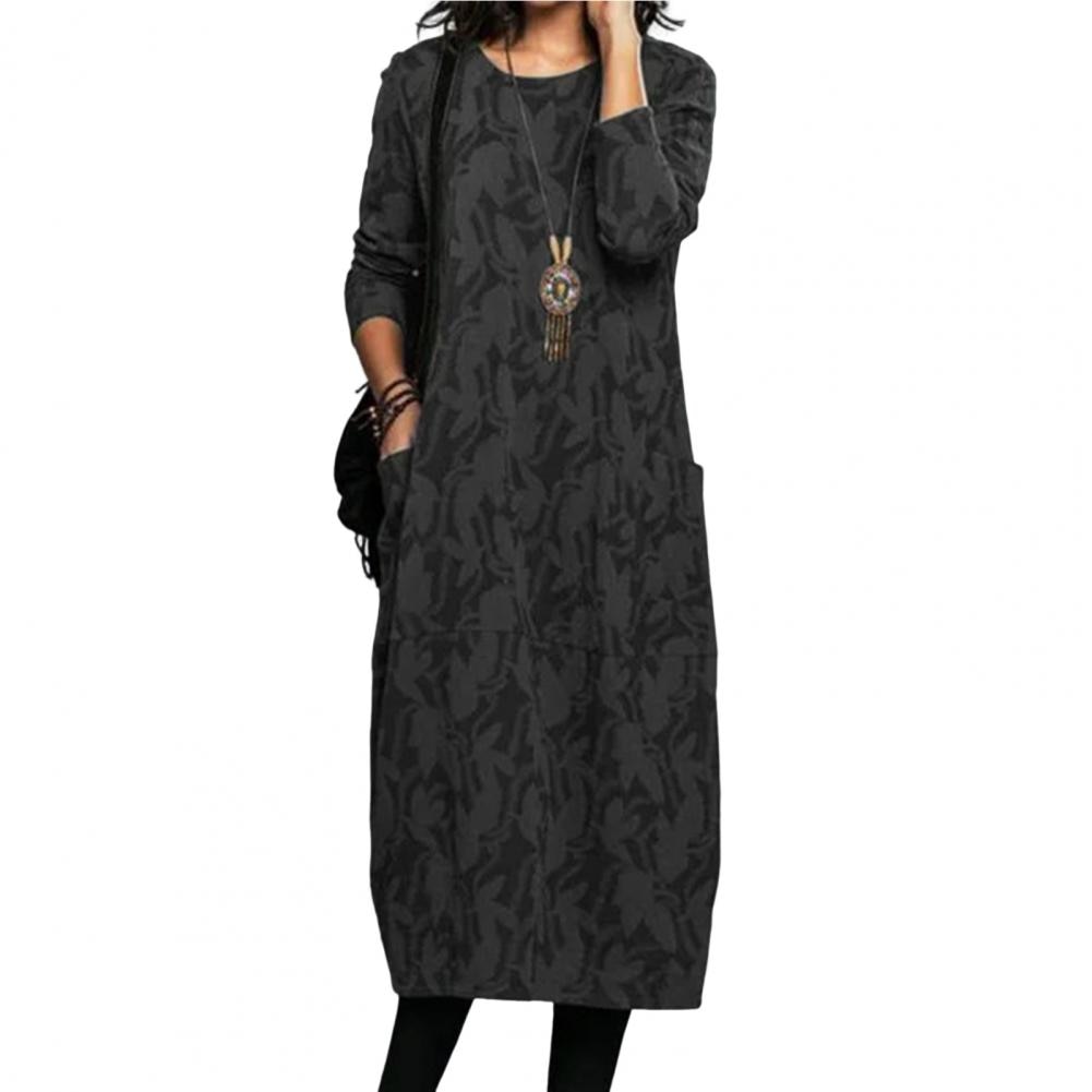 Women Midi Dress for Women Vintage Print Long Sleeves Crew Neck Dress Spring Autumn Loose Double Pockets Dress Streetwear