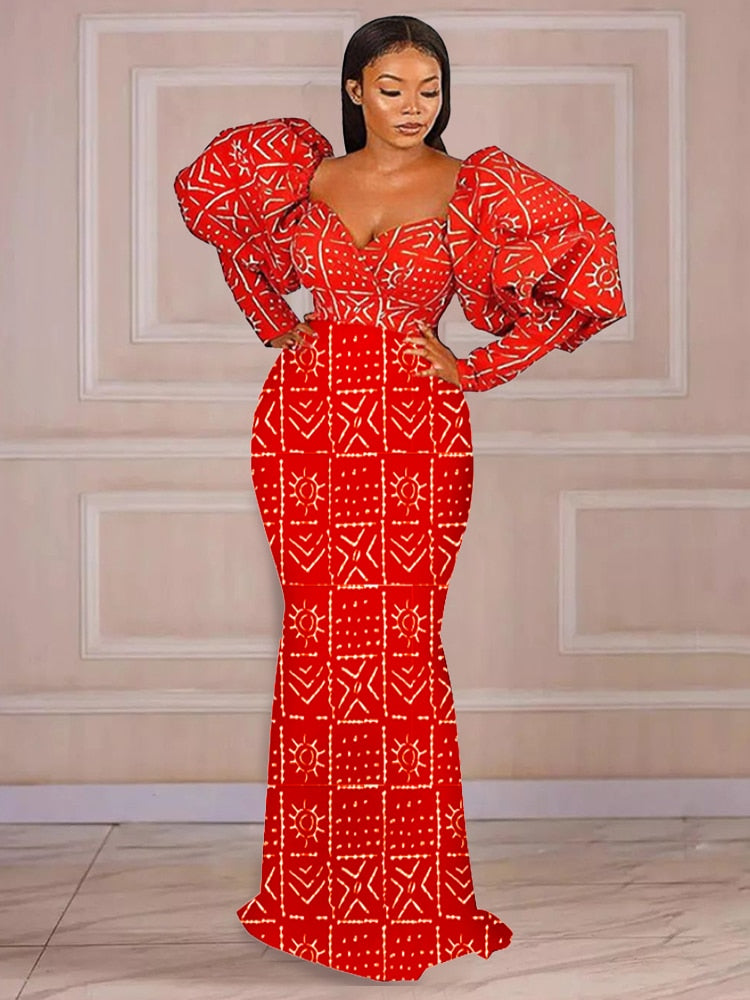 Maxi Long Dress Women Party Printed Mermaid Long Lantern Sleeve Vintage Retro Large Size African Event Celebrate Gown New