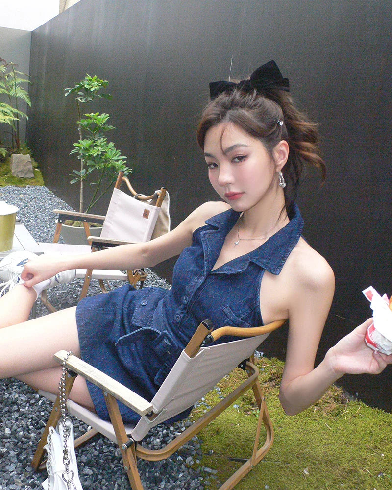 vmtvr - Sleeveless Polo Collar Denim Mini Dress