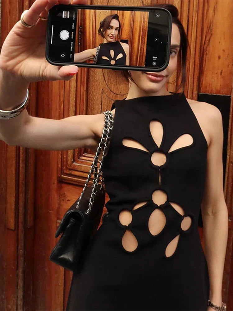 vmtvr - Hollow Out Mini Dress Women Sexy Sleeveless Slim Hip Package Lady Dresses Fashion Solid O Neck Short Female Party Vestidos