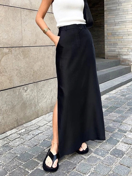 vmtvr Women's Vintage Elastic Waist Buttons Skirts Summer Female Casual Cotton Black Split Long Skirts