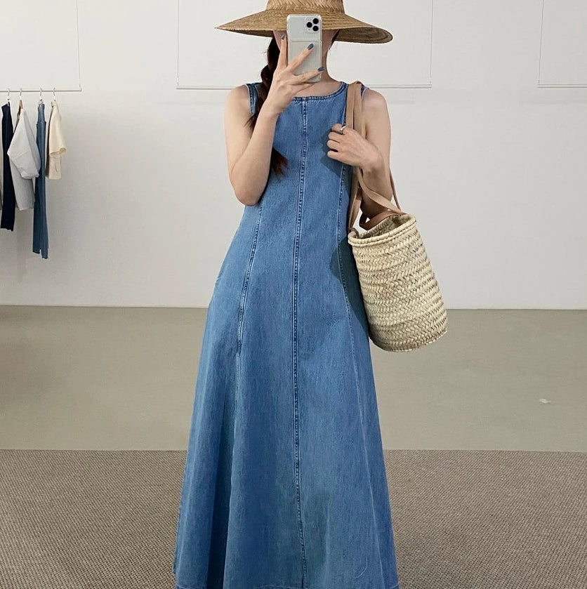 vmtvr Vintage Square Collar Denim Dress Casual Slim 2024 Summer Female Jeans Dress Zipper Sleeveless Women Jeans Dress Vestidos S916