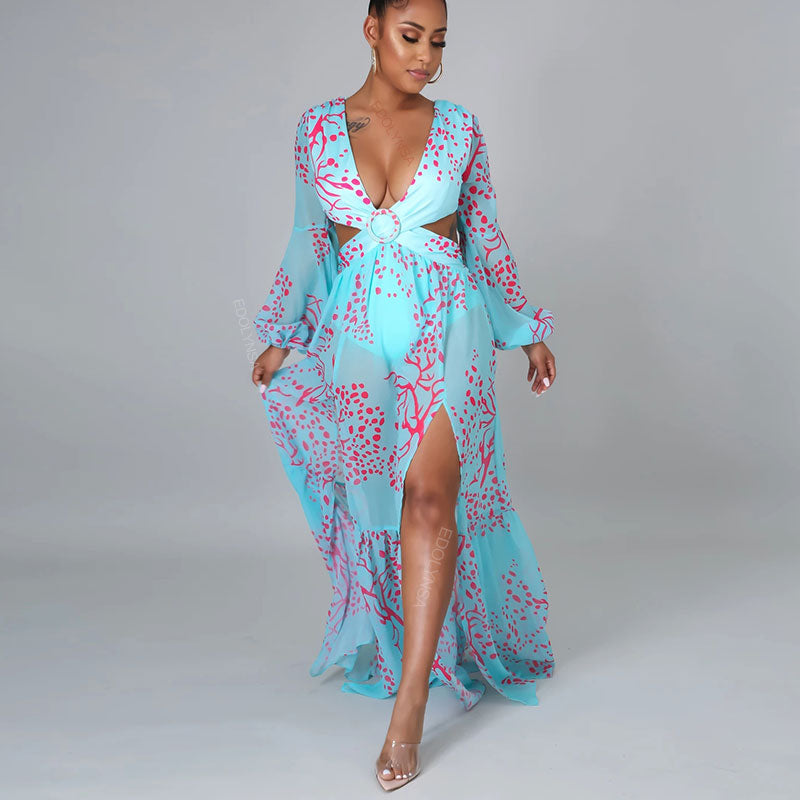 vmtvr Sexy V-Neck Backless Hollow Out Dress Summer Women Lantern Sleeve Club Party Long Maxi Dresses Tunic Beach Cover Up A916