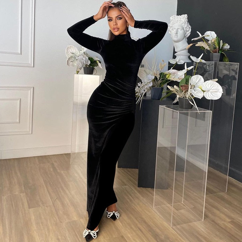Long Sleeve Elegant Black Velvet Bodycon Maxi Dress For Women Ruched Party Evening Long Dresses Spring Female Clothes
