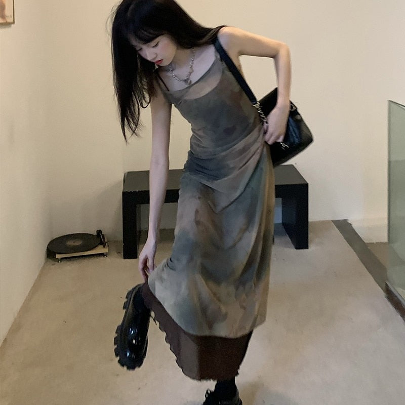 Vintage Tie Dye Print Mesh Dress Grunge Gothic Spaghetti Strap Midi Dress Korean Style Party Dress Fairycore Vestidos