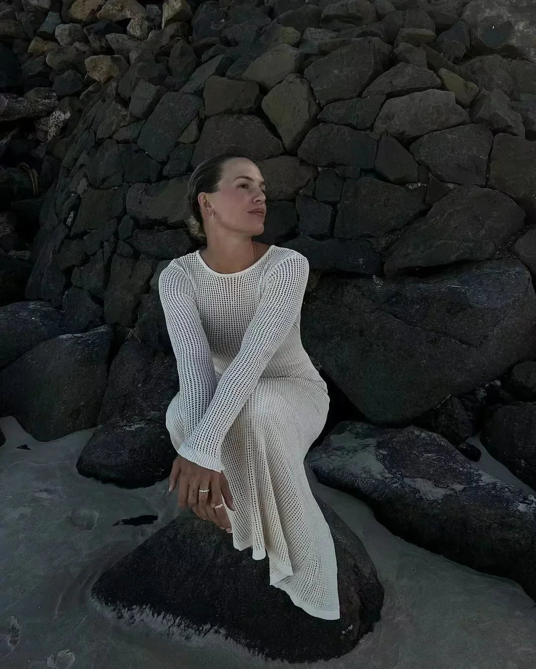 vmtvr Elegant Hollow Out Knit Maxi Dress for Women Summer Beachwear Holiday Long Sleeve Cover-Ups Long Dresses