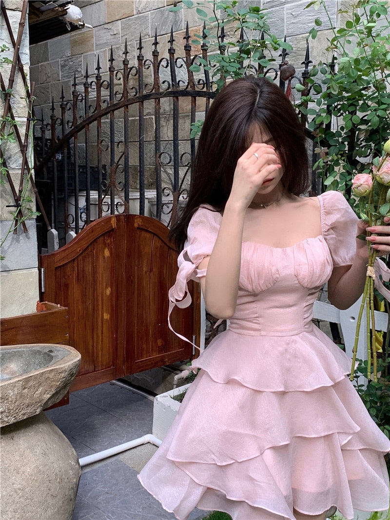vmtvr Pink Kawaii France Style Short Dress Women Elegant Evening Party Midi Dresses Cute Sweet Puff Sleeve Clothing 2023