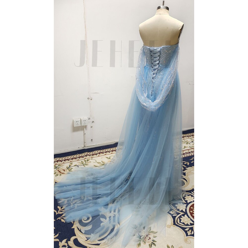 vmtvr New Sky Blue Off Shoulder Mermaid Sequined Evening Prom Dress for Women Sexy Sweetheart High Slit Party Gown Sweep Train