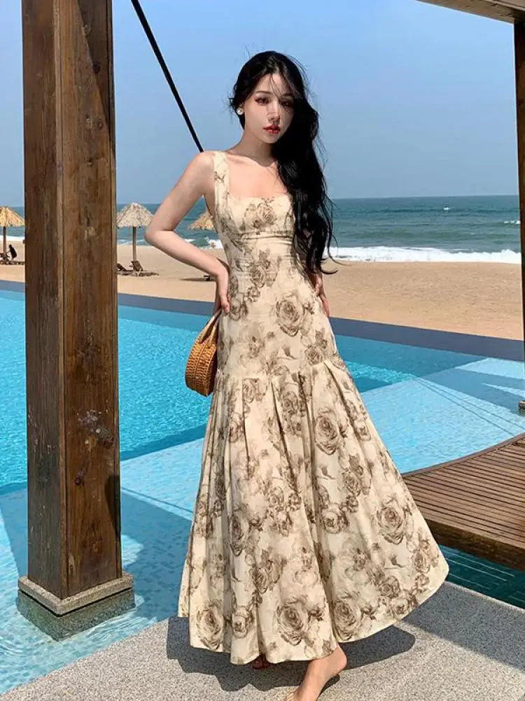 vmtvr Rose Floral Printing Ruffles Slip Long Dresses Bohemian Backless Sleeveless Women Summer Beach Travel Party Wear Ladies Vintage