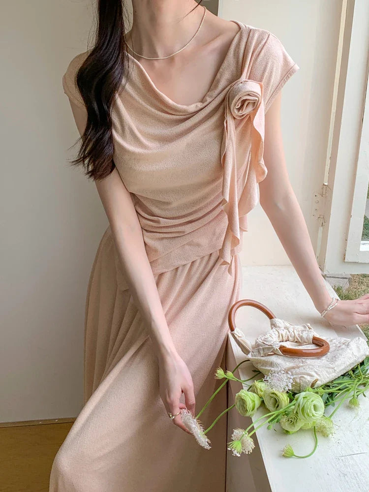 vmtvr 2024 Summer New Flowers Korean Fashion Irregular T-Shirt Top Women's French Elegant Pastoral Casual Long Skirt Two Piece Set