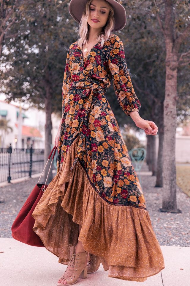 vmtvr - Autumn New Floor Length Dress Women's Long Sleeve Printing Dress Floral Vintage Irregular Maxi Dress Mujer Chic Boho Dress