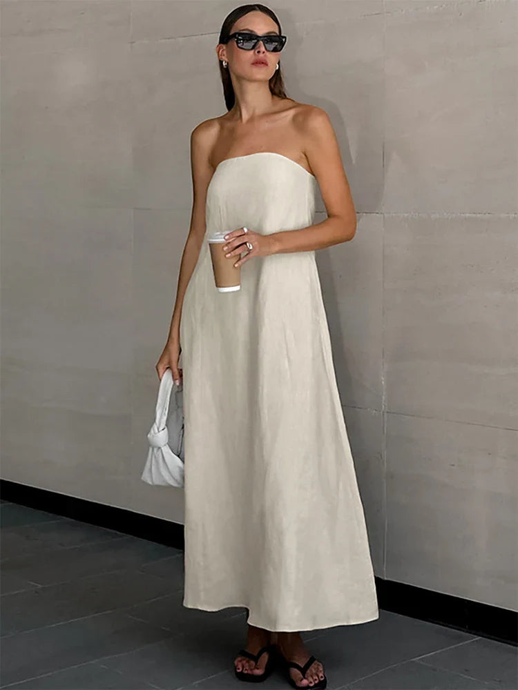 vmtvr 2024 Spring Summer Women Linen Dress Sexy Solid Strapless A-Line Midi Flare Holiday Vacation Dress For Women