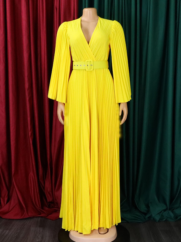 vmtvr Sexy V-Neck Pleated Dinner Party Dress Women Yellow Elegant with Belt Long Sleeve Robe Femme African Maxi Red Vestido