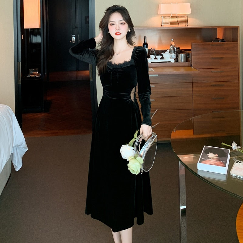 vmtvr - New Spring and Fall Vintage Black Long Sleeve Dress Woman Elegant Fashion Velvet Midi Dress Korean Style Even Party Dresses