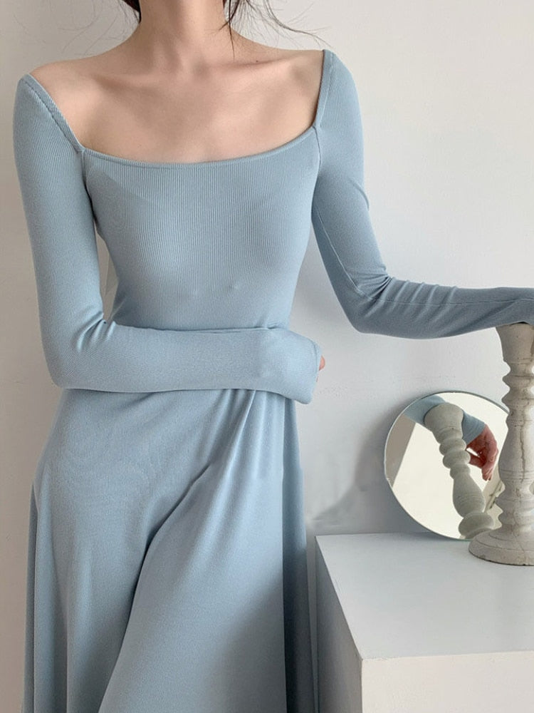 vmtvr Long Sleeve Knitted Midi Dress Women Pure Color Elegant Dress Party Autumn Fairy Slim One Piece Dress Korean Fashion Chic