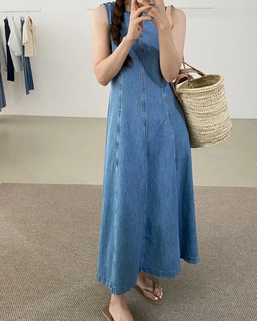 vmtvr Vintage Square Collar Denim Dress Casual Slim 2024 Summer Female Jeans Dress Zipper Sleeveless Women Jeans Dress Vestidos S916