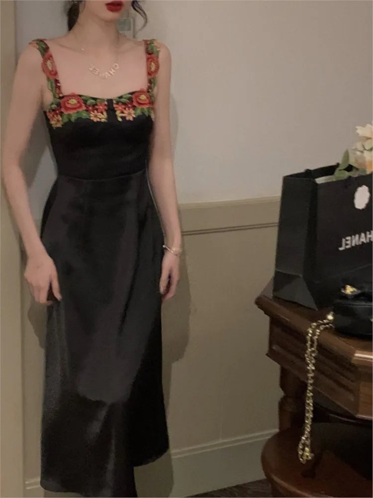 vmtvr Summer Vintage Stand Elegant Slim Romantic Party Dress Women Green Black Sleeveless Embroidery High Waist Strap Holiday Dress