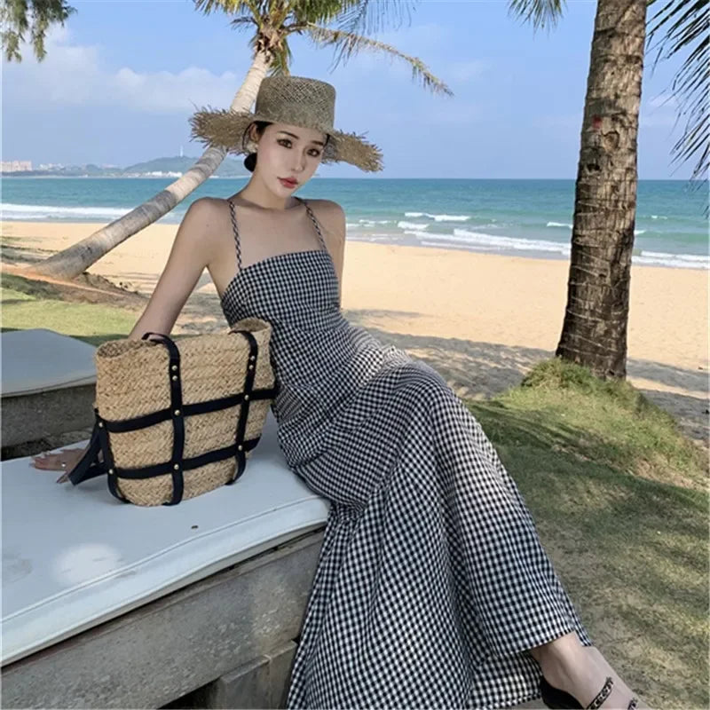 vmtvr 2024 New Women Plaid Lace Up Backless Beach Dress Summer Retro Vacation Slip Female Y2K Swinging Casual Long Dance Sundress