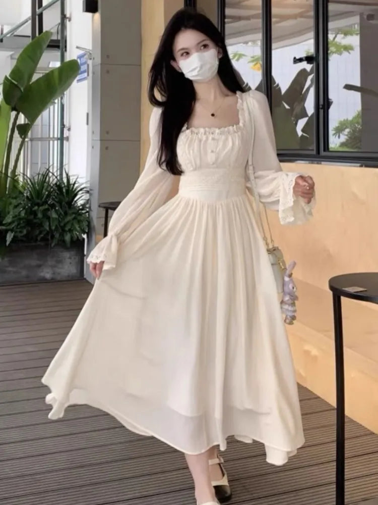 vmtvr Women French Princess Midi Dresses Summer Korean Lace Spliced Long Sleeve Vestidos New Fashion Evening Solid Clothes
