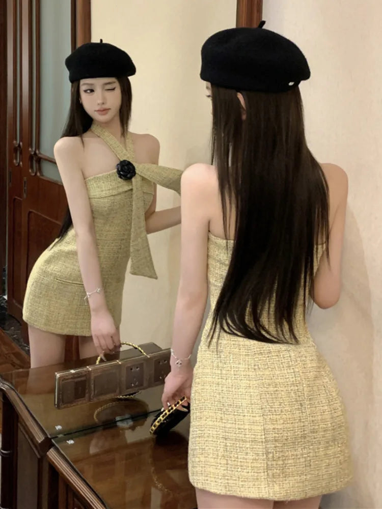 vmtvr - High Quality Designer Hanging Neck Hotsweet Sexy Dresses For Women Summer Sweet Fashion 3D Flower Tweed Mini Party Dress
