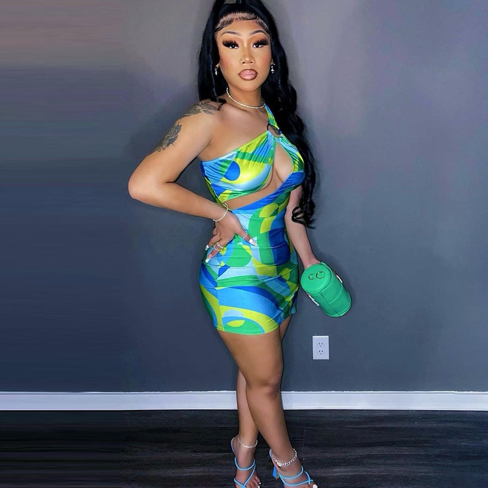 vmtvr Fashion Geometric Print Women Dresses Summer Club Asymmetrical Cut Out One Shoulder Bodycon Mini Dress D82-BB15