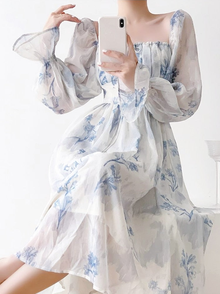 vmtvr - Summer French Elegant Floral Midi Dress Party Chiffon Vintage Fashion Dress Beach Long Sleeve Casual Dress Office Lady Chic
