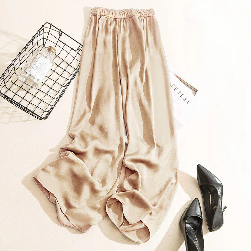 vmtvr Korean style High Waist Acetate Wide Leg Pants silk Trousers Acetate satin pants ankle-length women summer trousers
