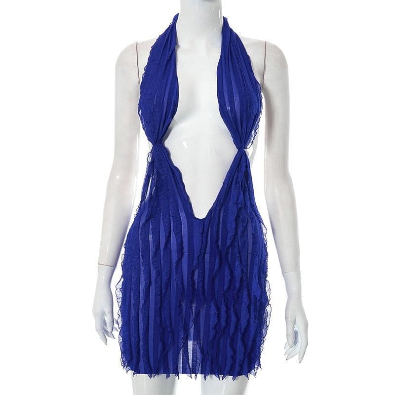 Sexy Halter Low Cut Backless Maxi Dress Women Sleeveless Pleated Slim Fit Robe Summer Beach Birthday Luxury Y2K Clothes