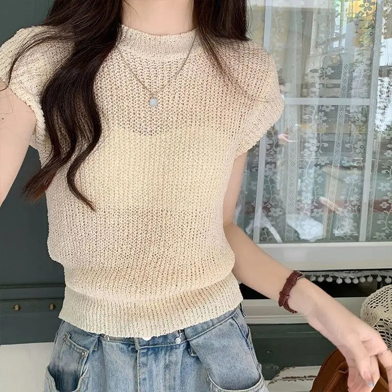 vmtvr Korean Minimalist Summer T-Shirts Women Round Neck Solid Color Screw Thread Short Sleeve Fashion Slim Fit Short Knitted Tops