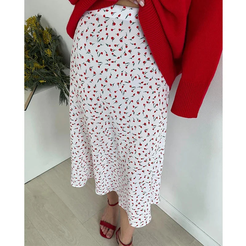 vmtvr Silk-like Satin Floral Skirt Spring and Summer Women's Elegant Elastic High Waist Leisure Vacation A-line Satin Skirt