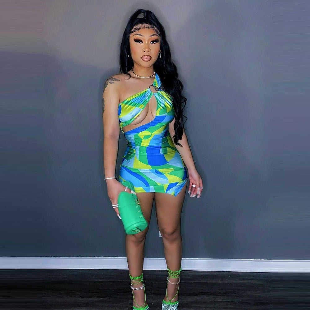 vmtvr Fashion Geometric Print Women Dresses Summer Club Asymmetrical Cut Out One Shoulder Bodycon Mini Dress D82-BB15