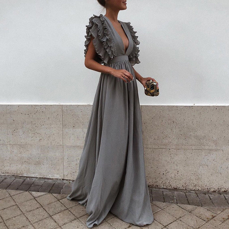 vmtvr Formal Party Dress Women Deep V-Neck Long Dress Elegant Flying Sleeves Backless Maxi Evening Dresses Robe De Soiree