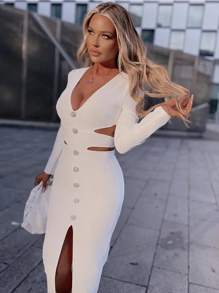 vmtvr - Women Winter Bandage Dress Sexy V Neck Long Sleeve Cut Out White Diamonds Midi Elegant Evening Party Club Dress Vestidos