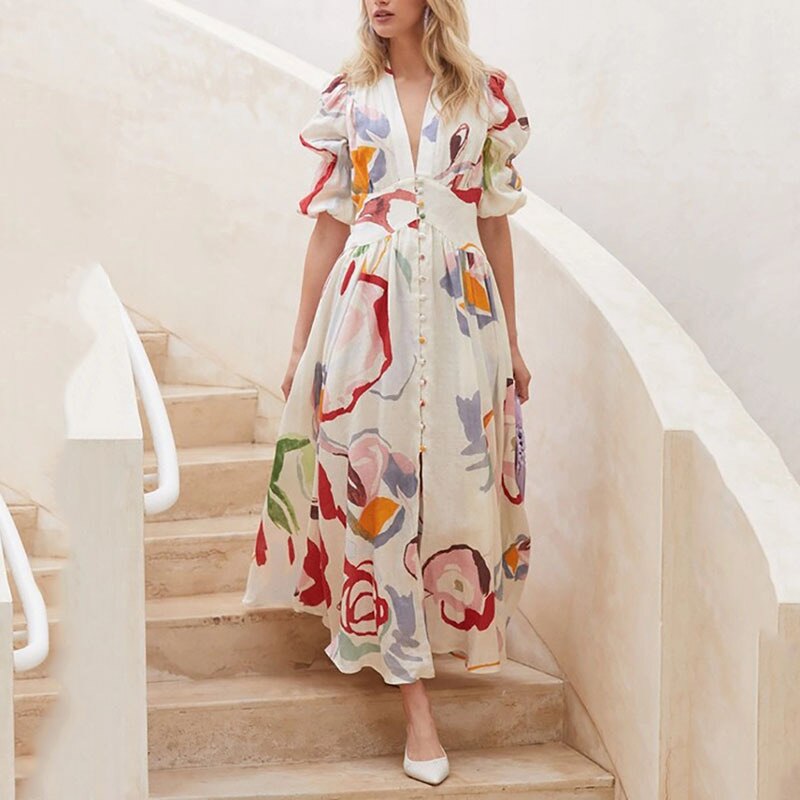vmtvr - Dresses For Women Summer Sexy Print Long Maxi Dress Ladies Elegant Button Up Boho Floral Ruffles Pink Robe Vestidos