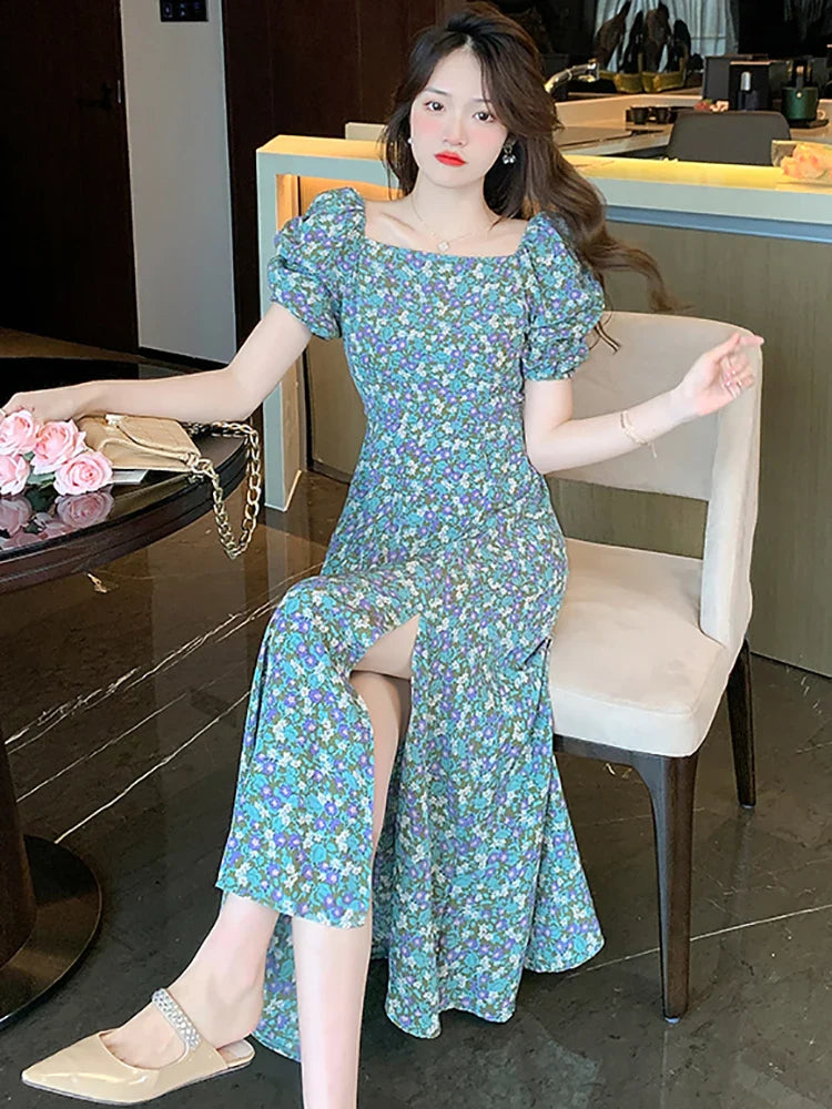 vmtvr 2024 Floral Chiffon Chic Square Collar Casual Beach Dress Summer Elegant Casual Prom Clothes Women Korean Fashion Evening Dress
