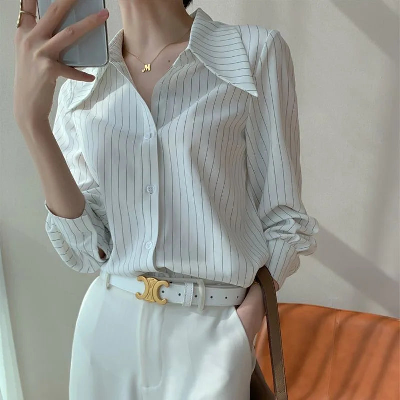 vmtvr White Stripe Long Sleeve Shirt Woman Office Ladies Basic Blouses Old Money Style Korean Fashion Summer Loose Aesthetic