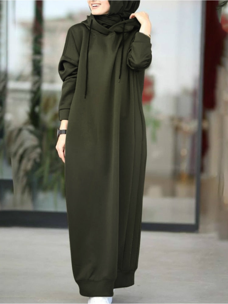 Women Muslim Dress Sweatshirt Dress Stylish Hoodies Long Sleeve Maxi Dress Female Casual Solid Hooded Vestidos Robe