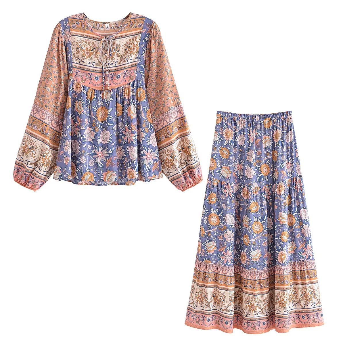 vmtvr - Two Pieces Dress Sets Flower Shirt and Skirts Boho Matching Sets Fashion Mujer Maxi Dress Printing Ensemble Femme 2 Pièces