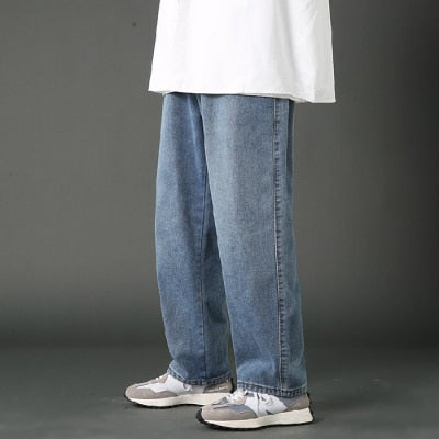 jiaabc New Street Casual Baggy Jeans Men's Korean Fashion Hip Hop Straight Wide Leg Trousers Couple Denim Pants Black Light Blue
