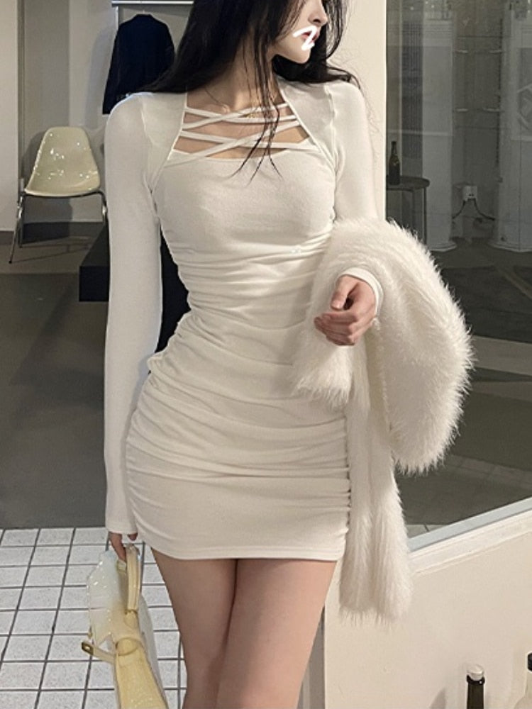 vmtvr - Spring Long Sleeve Elegant Bodycon Dress Women Casual Slim Y2k Mini Dress Office Lady One Piece Dress Korean Fashion Chic