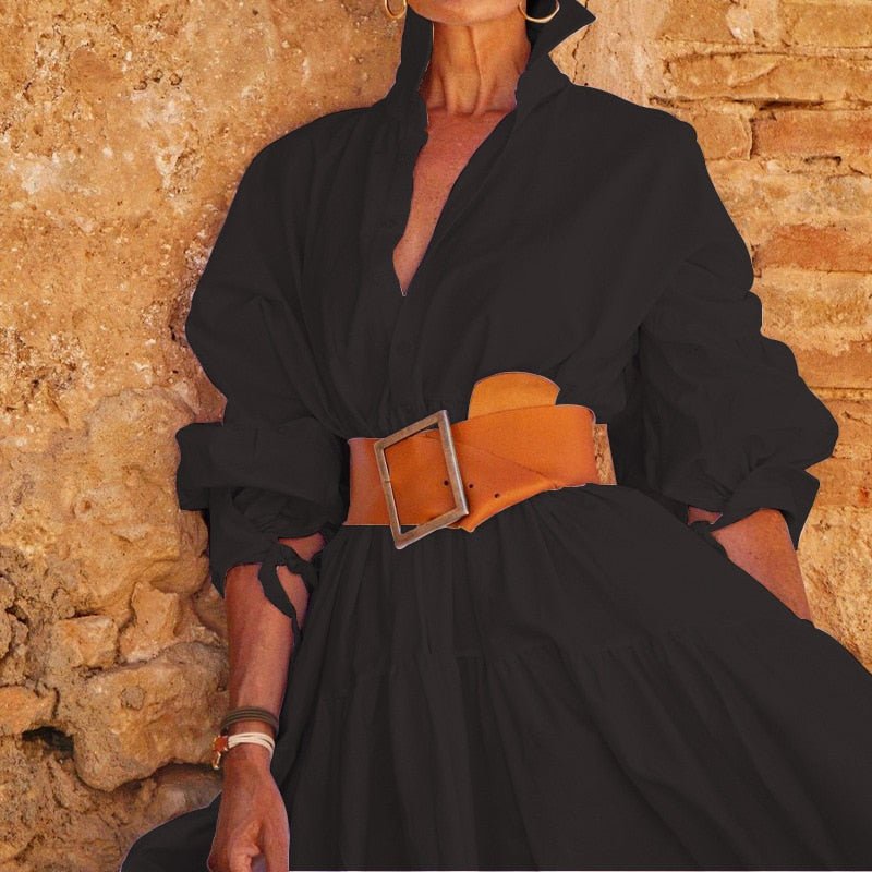 vmtvr - Chic Solid Color Lapel Shirt Dress Women Spring Button-up Long Pullover Dress New Autumn Long Sleeve Hem Pleated Maxi Dress