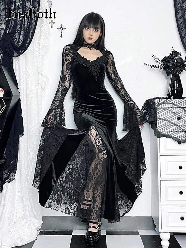 vmtvr - Mall Goth Lace Patchwork Fishtail Dress Women Retro Velet Transparent Embossed Long Sleeve Harajuku Ruched Lolita Dress