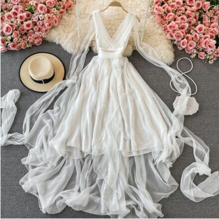 vmtvr - Autumn Khaki/White Bandage Chiffon Long Dress Sexy Deep V-Neck Sleeveless High Waist Vestidos Vacation Beach Maxi Robe New